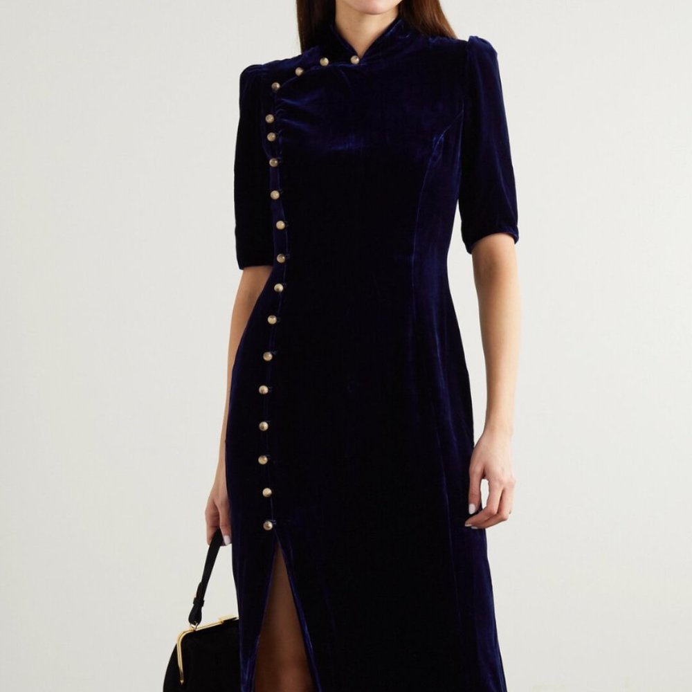 Saloni Taro Velvet Midi Dress Navy